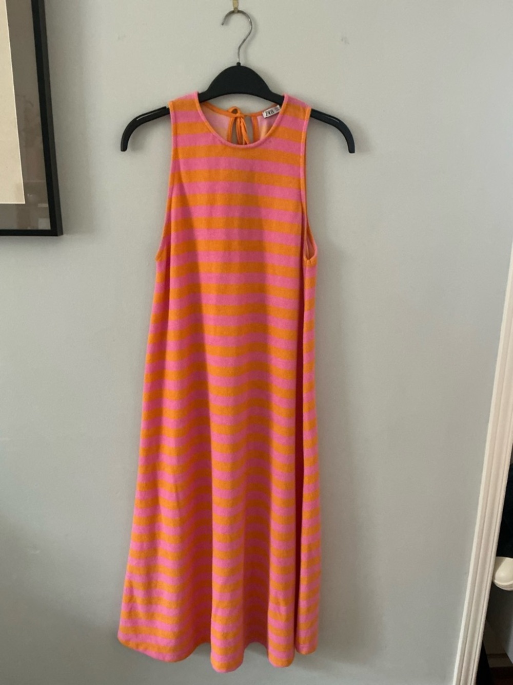 Zara Pink and Orange Striped Sleeveless Terrycloth style midi dress